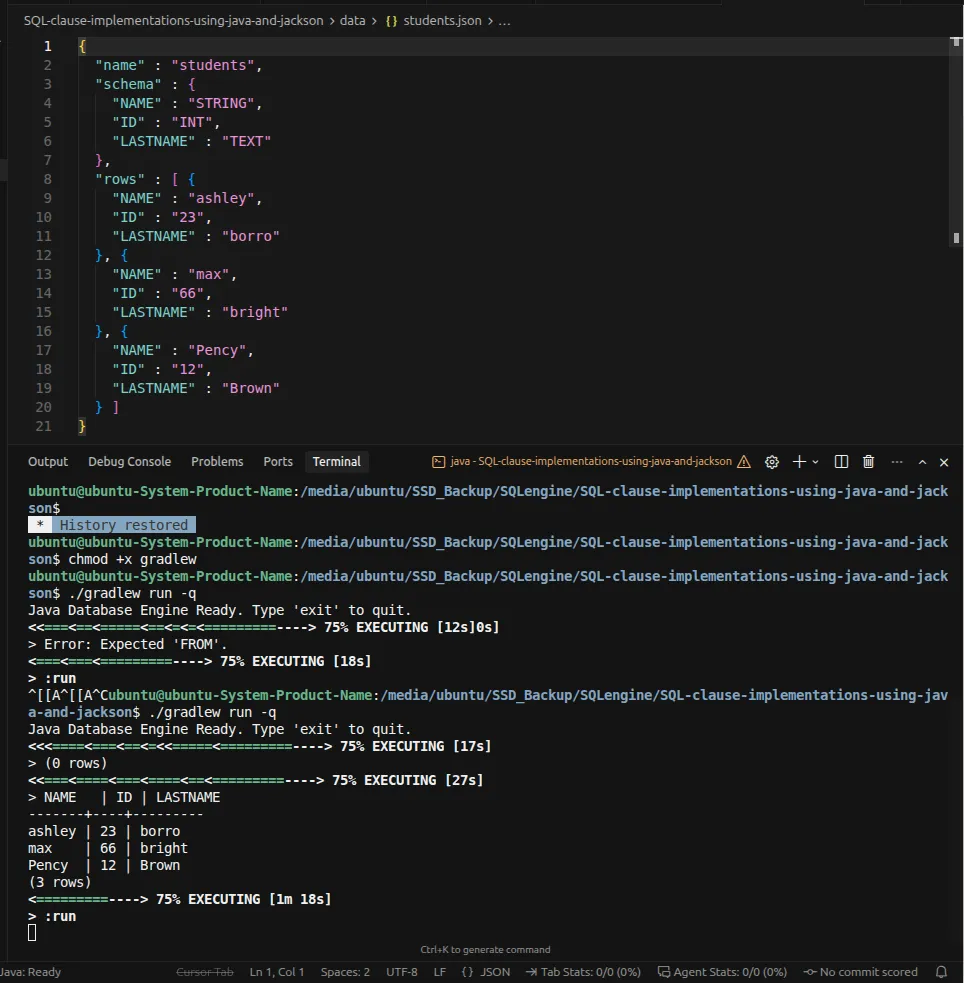 The students table stored as JSON in an editor, with the engine running in a terminal below it answering a SELECT with a formatted table