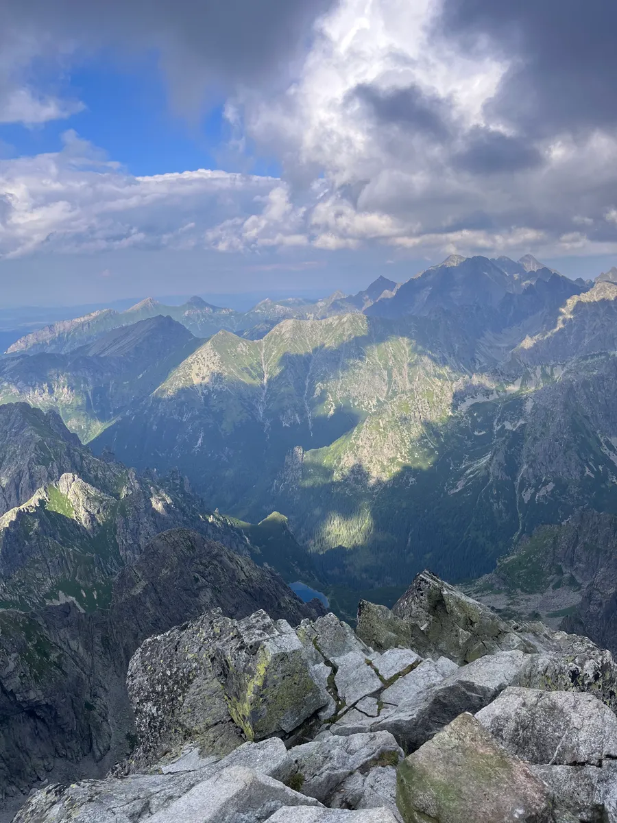 Panorama of mountain ridges from a rocky summit