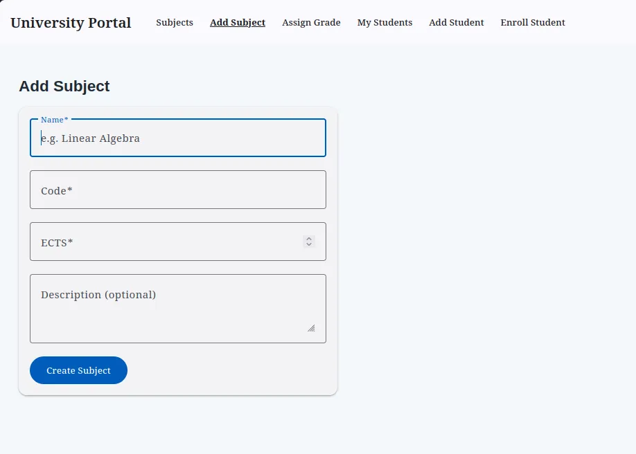 The Add Subject form with name, code, ECTS and optional description fields, under a nav bar of teacher-only routes