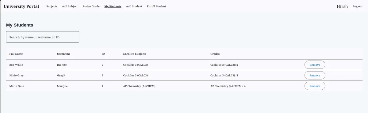 The My Students table listing three students with their usernames, IDs, enrolled subjects and grades, plus a search box and per-row remove buttons